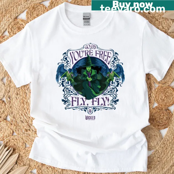 Illustrated T-shirt featuring Elphaba flying, inspired by Wicked.