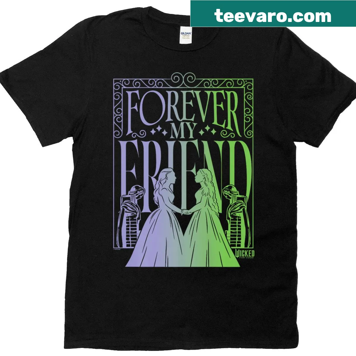 Silhouette design of Elphaba and Glinda celebrating friendship — on a men's t-shirt