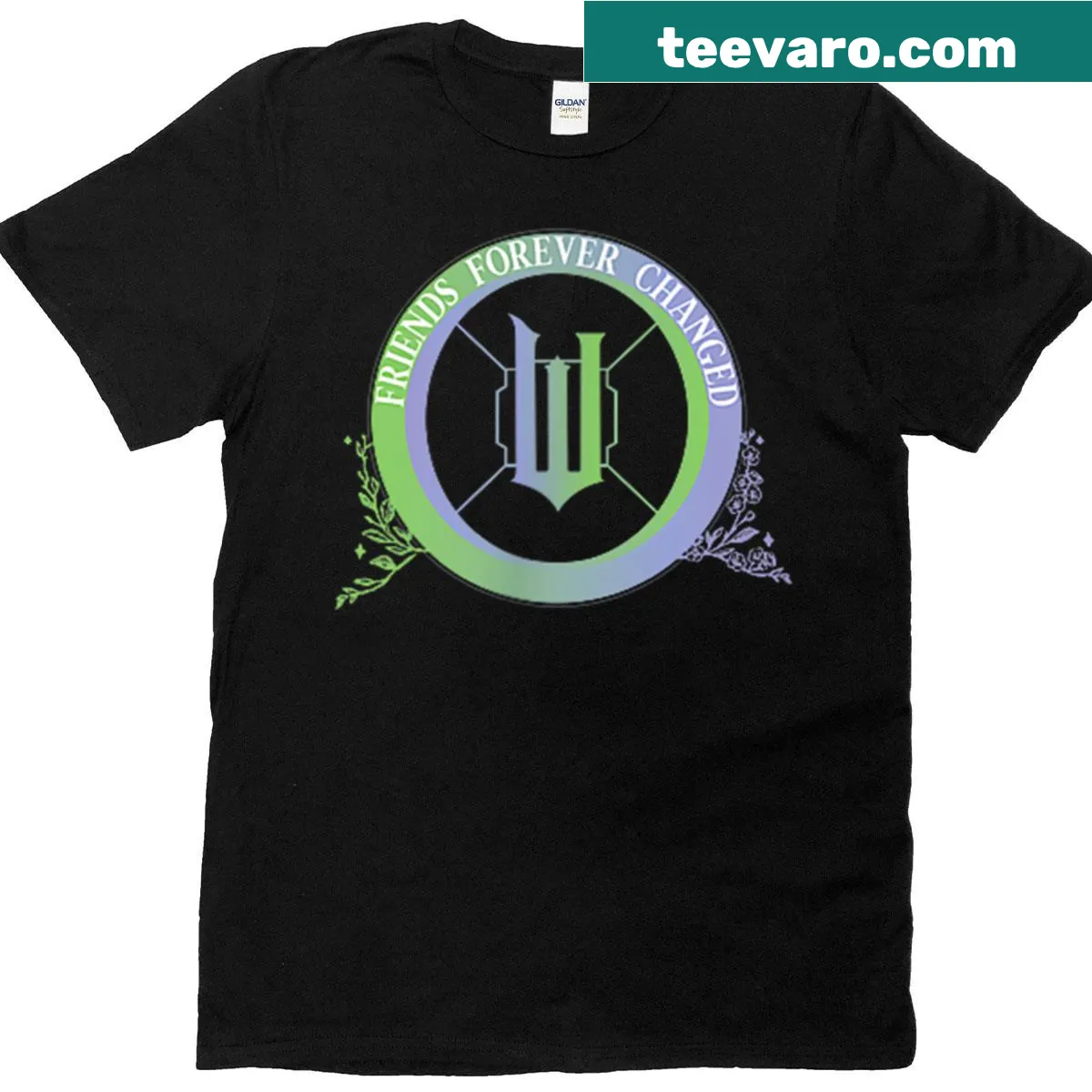 Design featuring Glinda and Elphaba characters on front and back of T-shirt — on a men's t-shirt