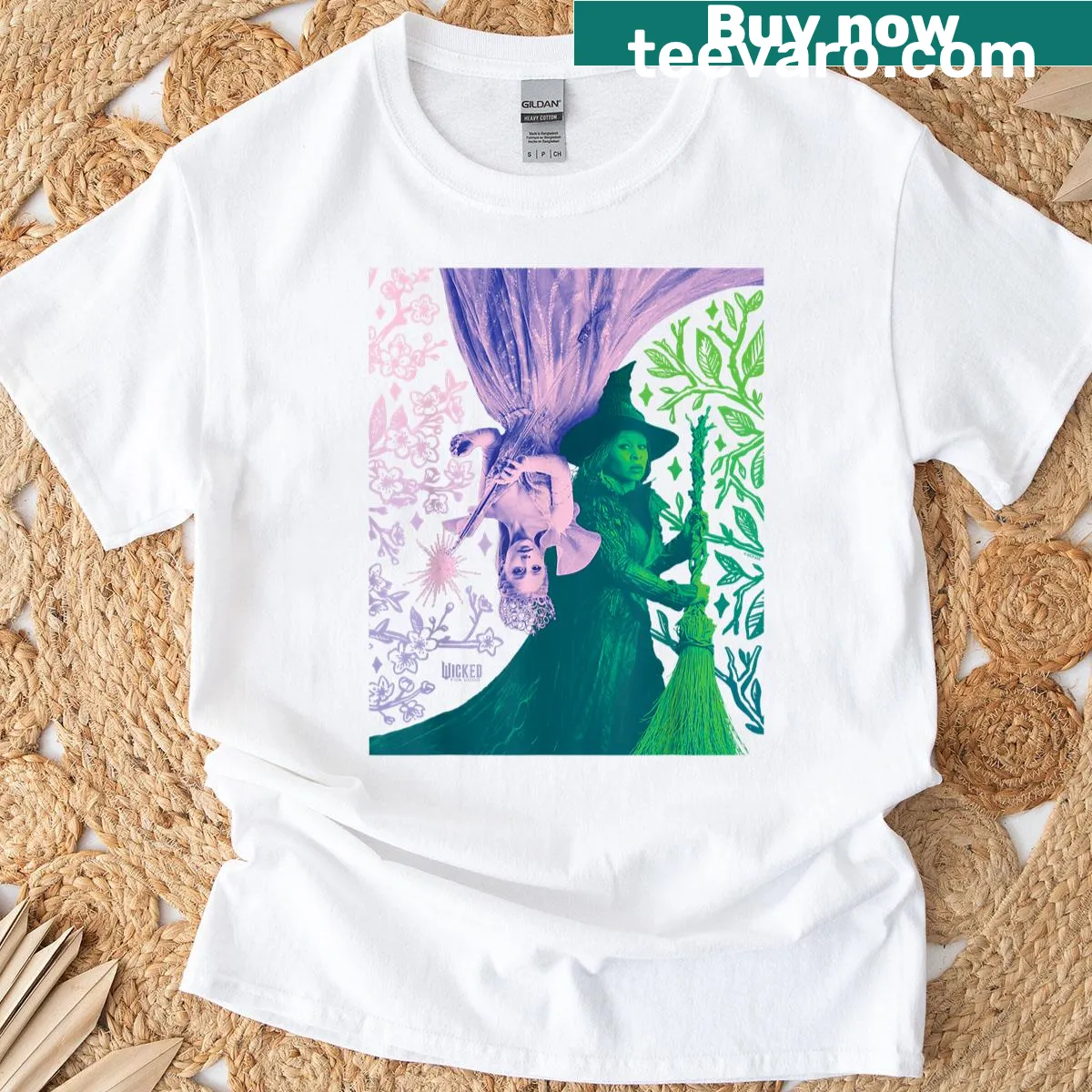 Illustrative t-shirt featuring Glinda and Elphaba in contrasting styles. — on a men's t-shirt