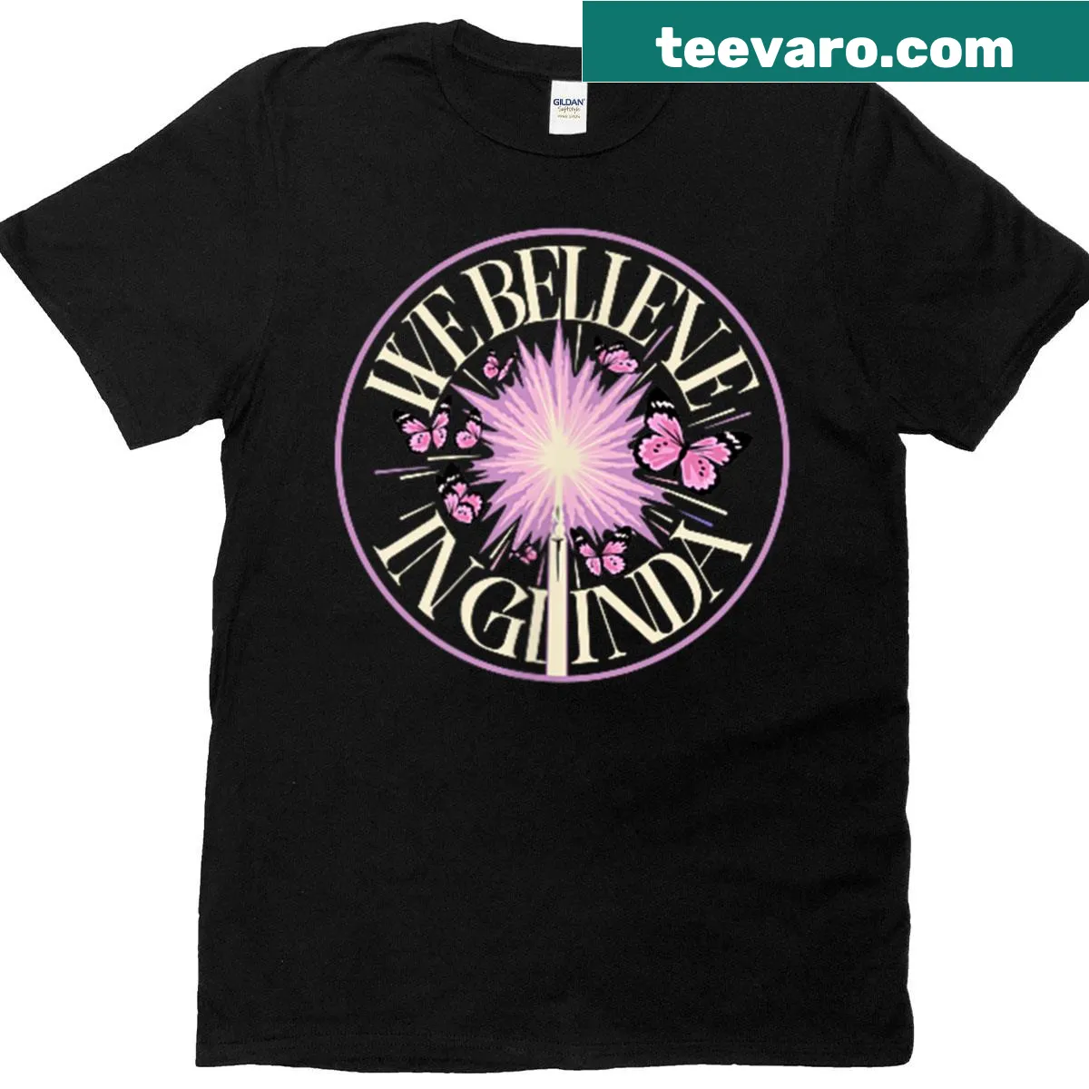 Front design featuring the phrase 'We Believe In Glinda' with whimsical elements. — on a men's t-shirt
