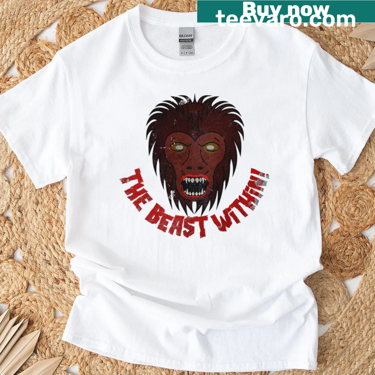 Vintage oversized T-shirt featuring a wolf man graphic. — on a men's t-shirt