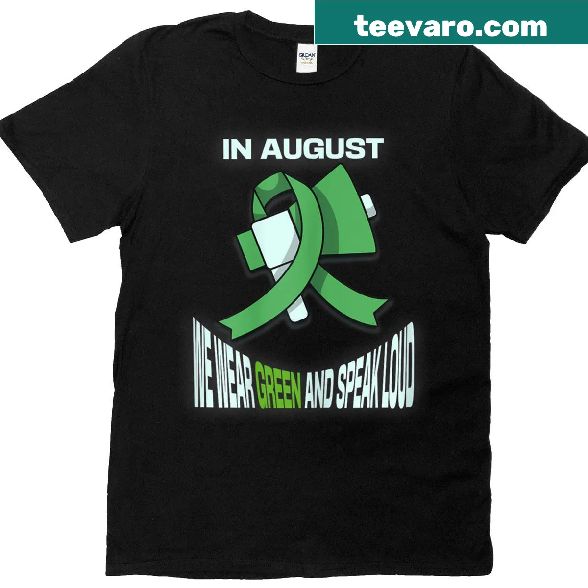 T-shirt promoting August Awareness with bold text — on a men's t-shirt