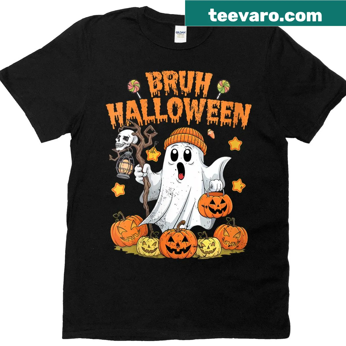 Cute Halloween t-shirt with a ghost and the word Bruh — on a men's t-shirt