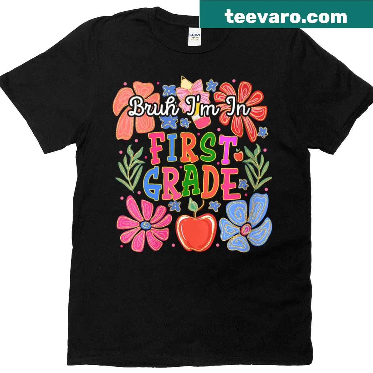 First grade announcement T-shirt with floral elements. — on a men's t-shirt