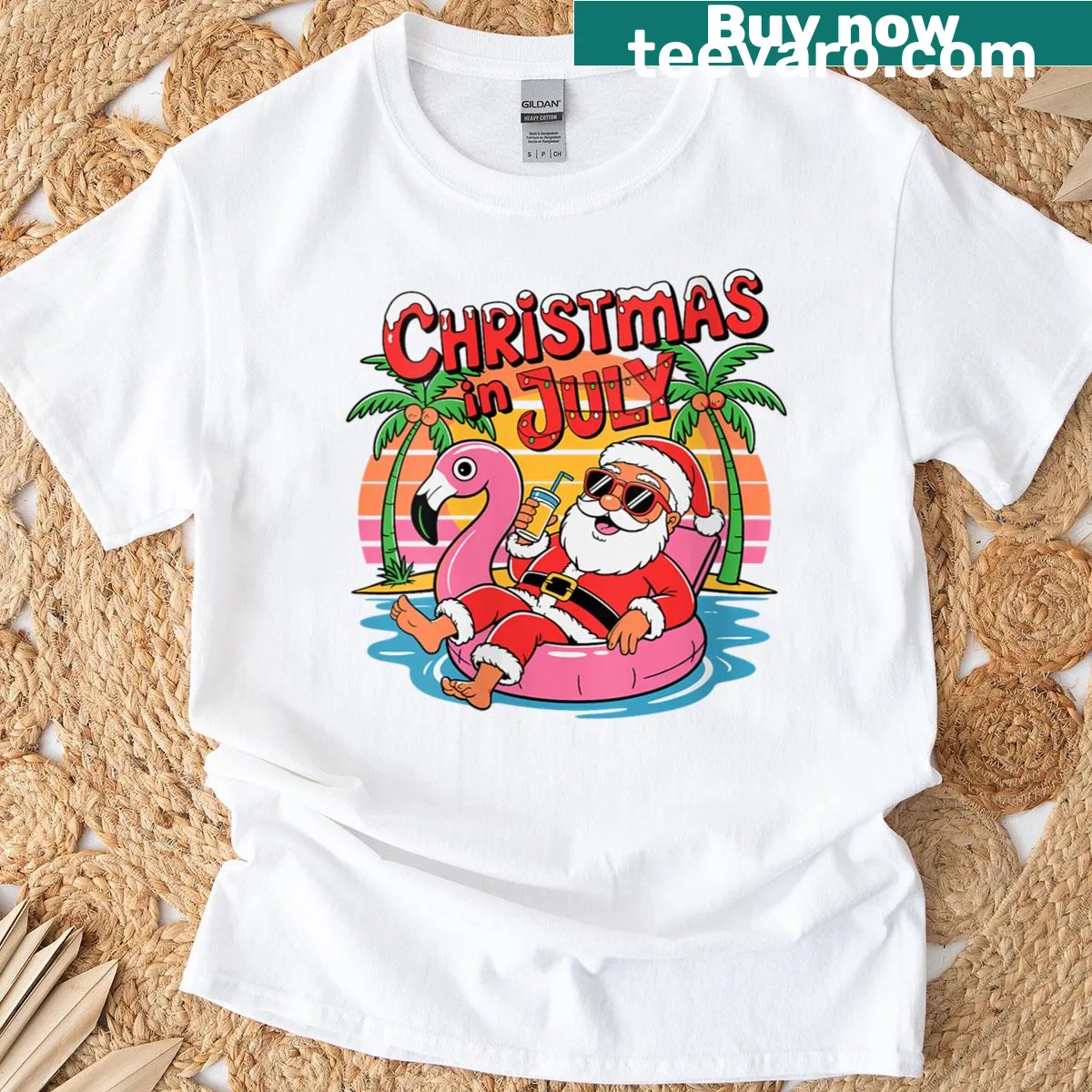 Funny Santa graphic T-shirt with summer beach theme — on a men's t-shirt