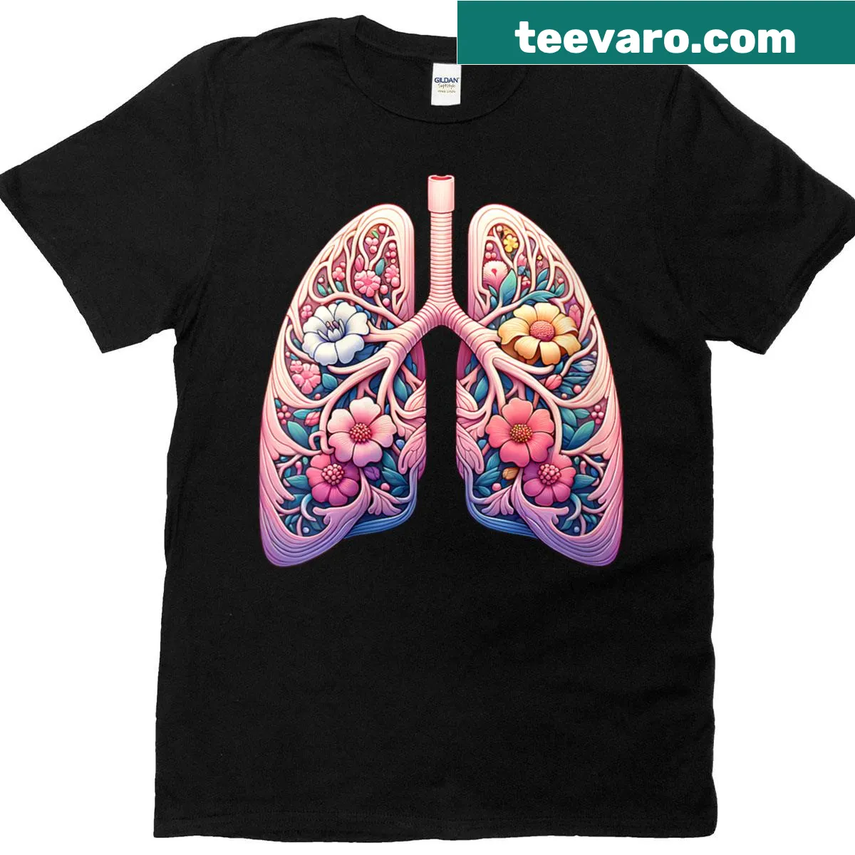 Artistic floral lungs design T-shirt representing respiratory health — on a men's t-shirt