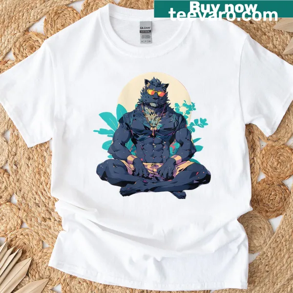 Kawaii lion graphic T-shirt in yoga pose