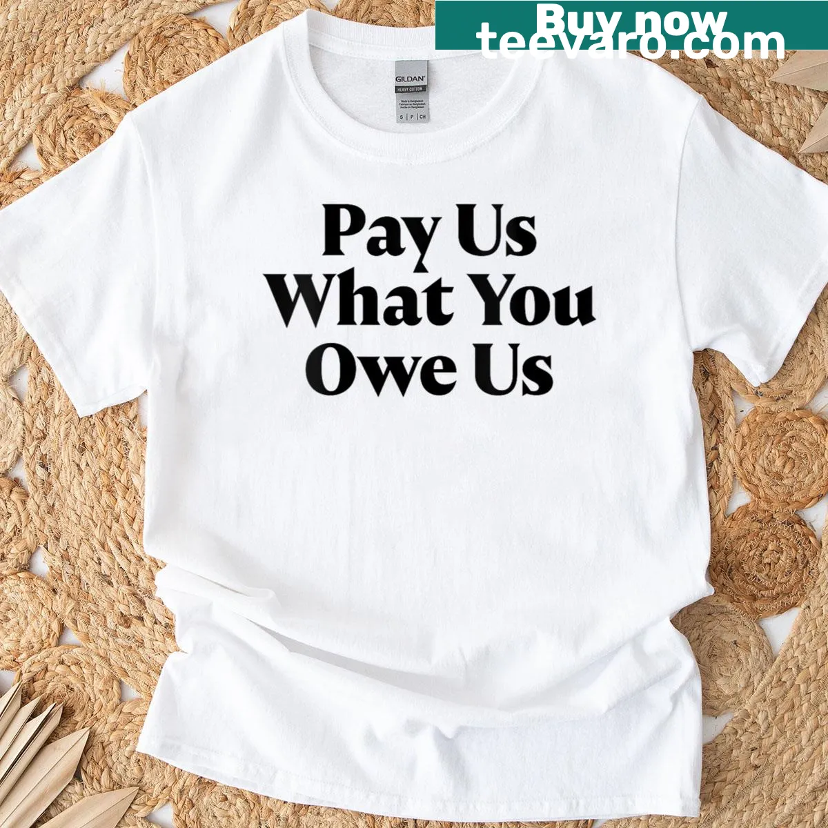 Funny t-shirt with the phrase Pay Us What You Owe Us repeated — on a men's t-shirt