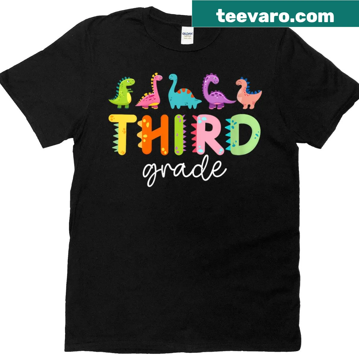 Cartoon dinosaur design on shirt for third grade teachers — on a men's t-shirt