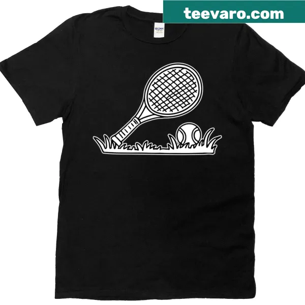 T-shirt featuring a wooden tennis racket and ball illustration