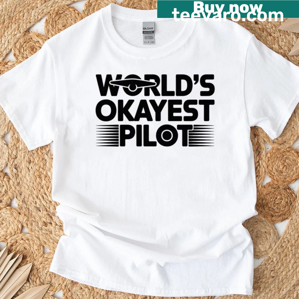 Funny aviation t-shirt proclaiming 'Worlds Okayest Pilot' in playful typography — on a men's t-shirt