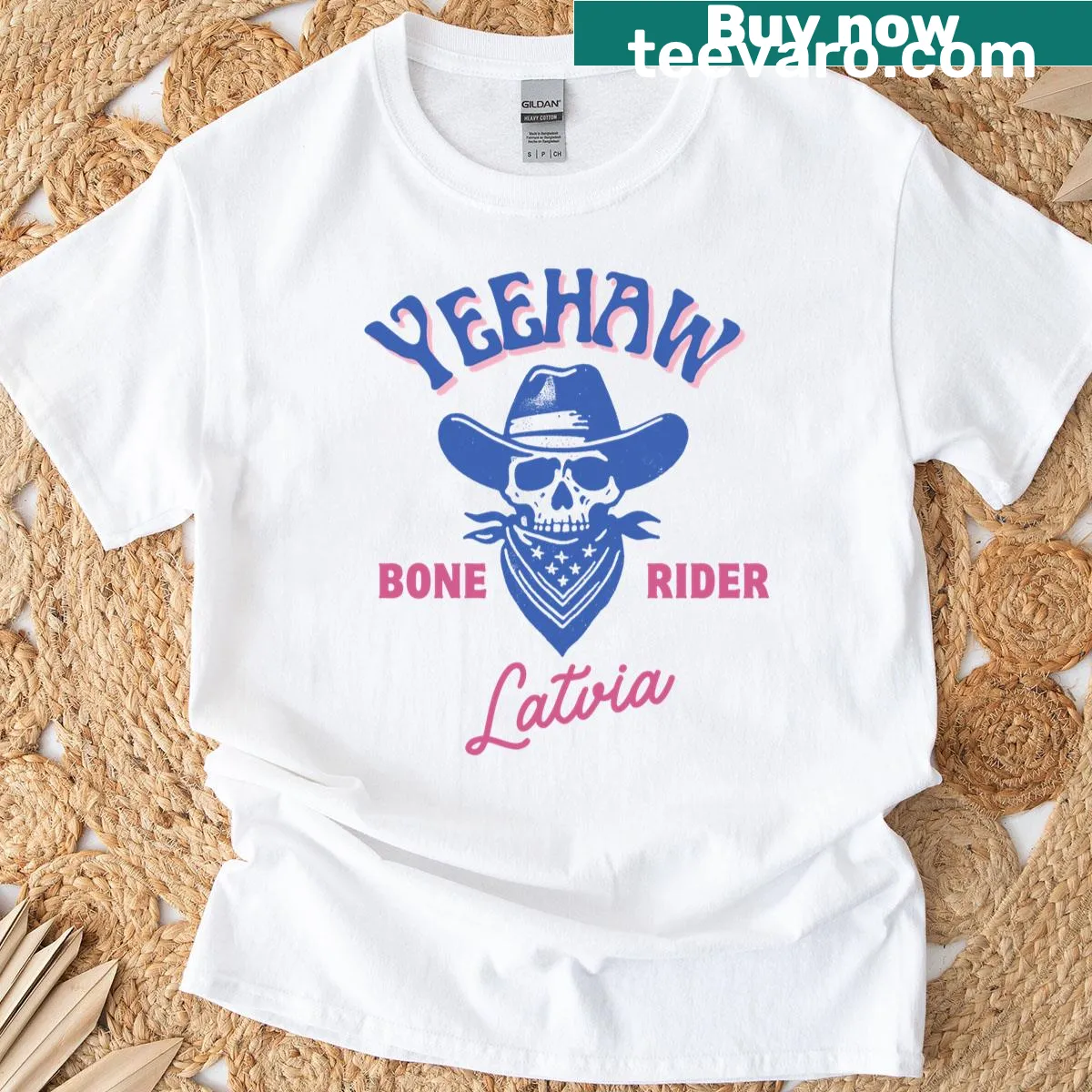Cartoon cowboy riding a bone, humorous outdoor design — on a men's t-shirt
