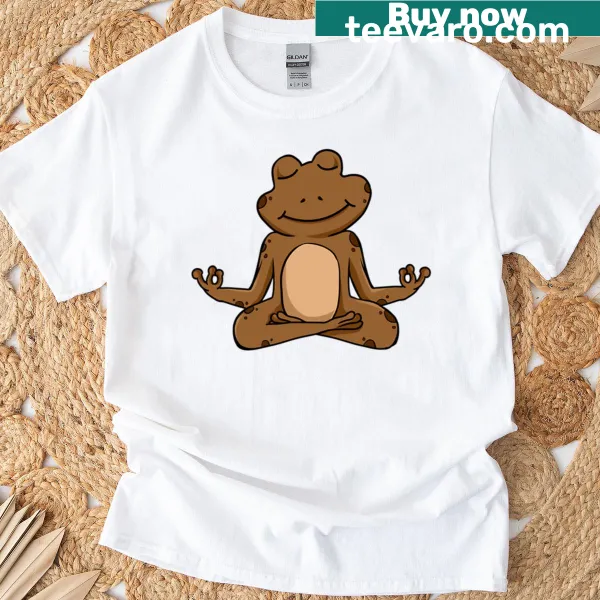Cartoon frog meditating in yoga pose t-shirt