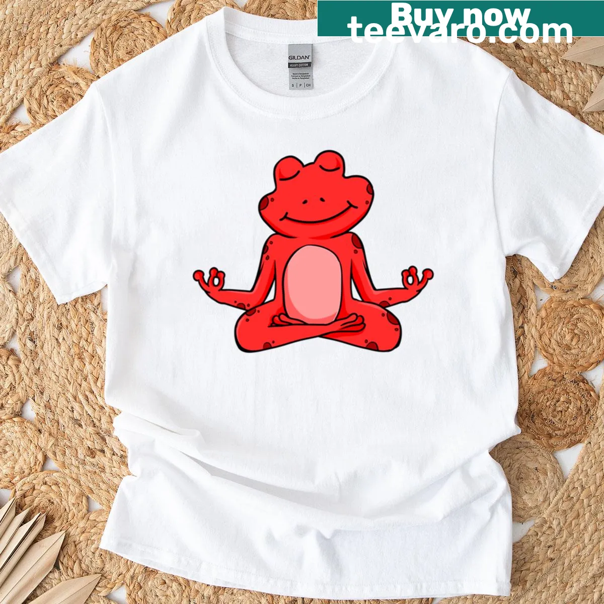 Red t-shirt featuring a cartoon frog in a yoga pose — on a men's t-shirt