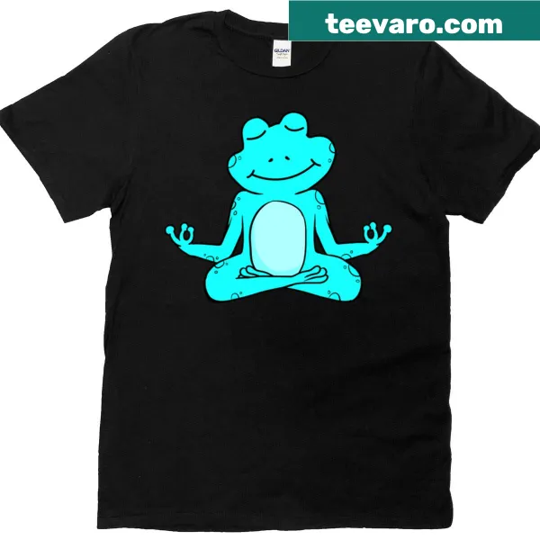 Cartoon frog meditating in yoga pose on a light blue t-shirt