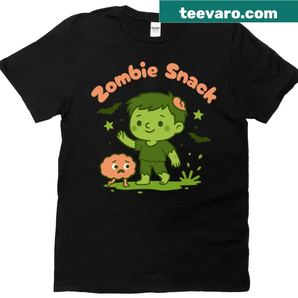 Funny zombie-themed t-shirt featuring snacks instead of brains