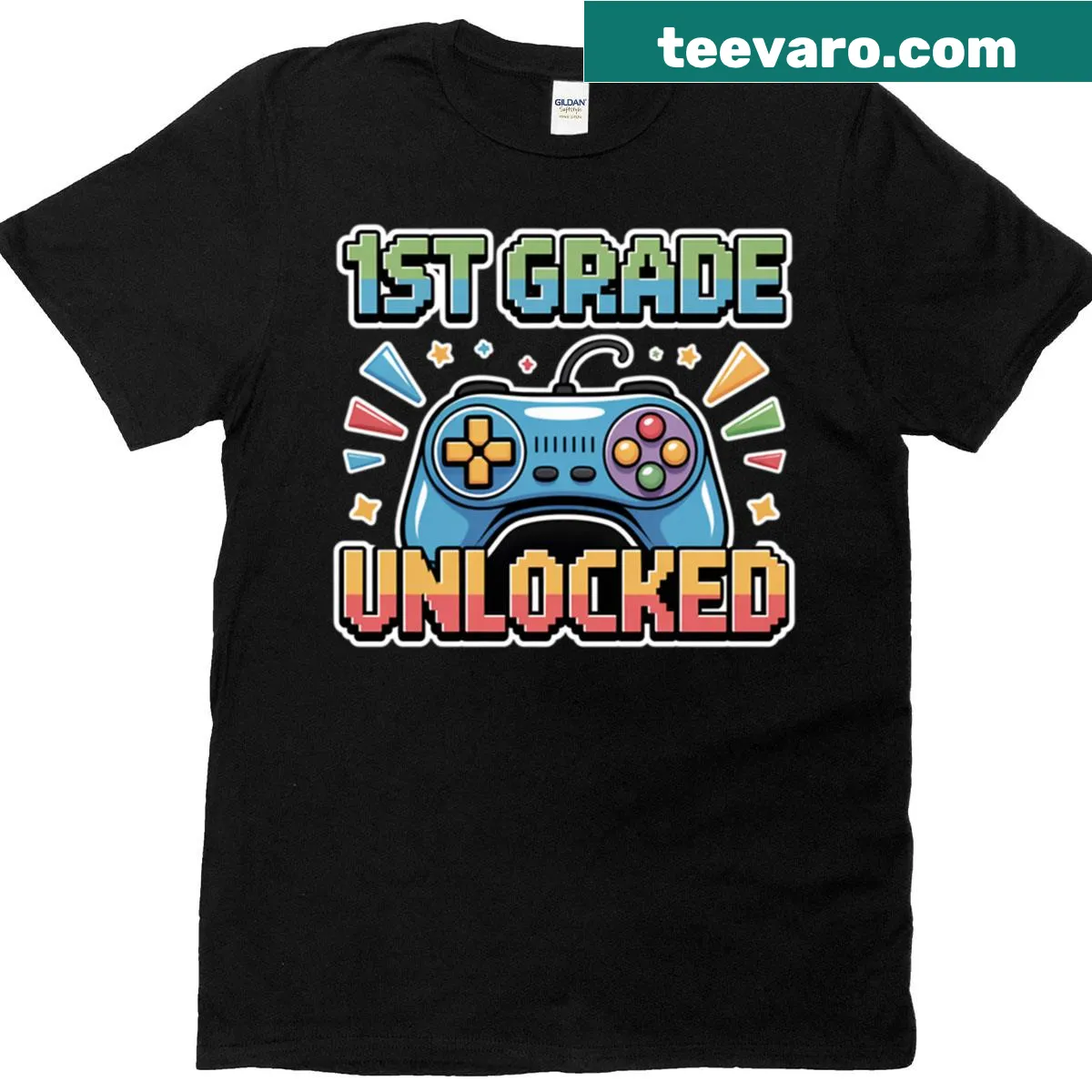 T-shirt with '1st Grade Level Unlocked' text, ideal for young gamers — on a men's t-shirt