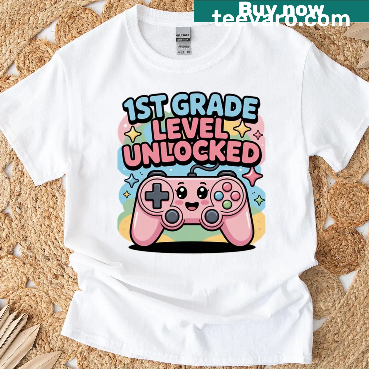 A playful gaming-themed shirt celebrating the first day of school with a level-up phrase. — on a men's t-shirt