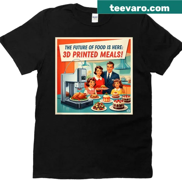T-shirt illustrating 3D printed meals and futuristic food gadgets
