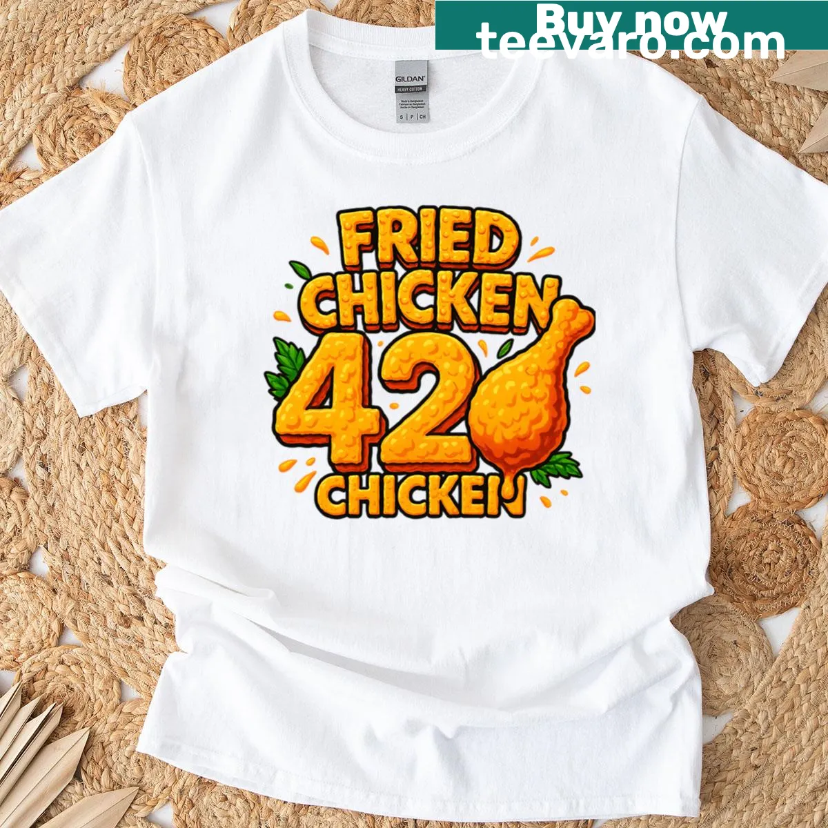 Humorous T-shirt with cartoon chicken and weed theme — on a men's t-shirt