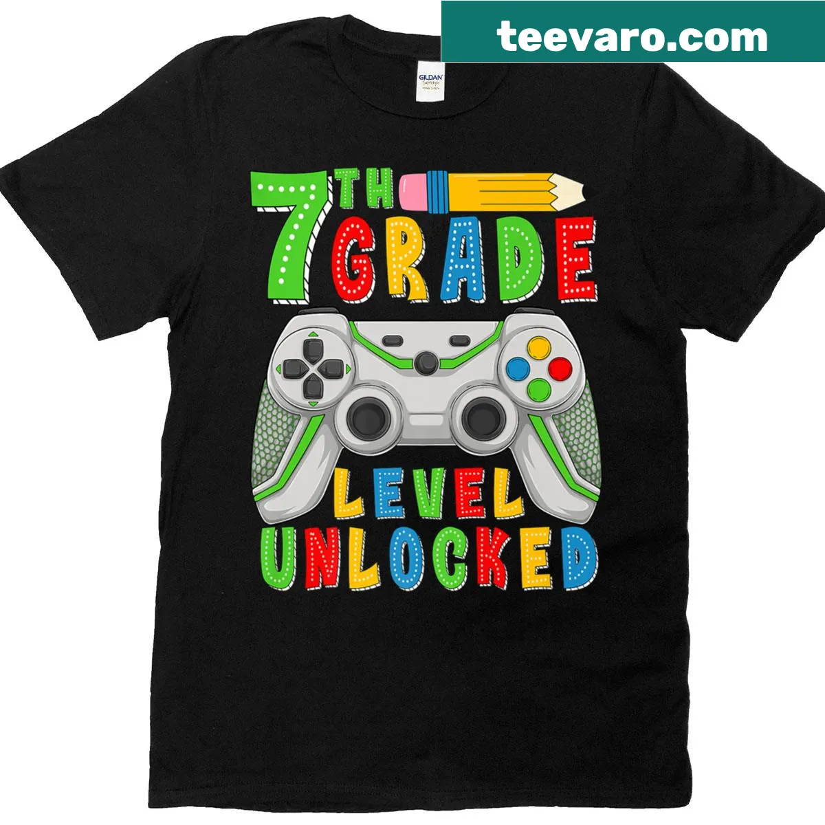 Playful T-shirt celebrating seventh grade level unlocked — on a men's t-shirt
