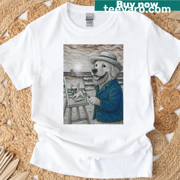 Oversized T-shirt with playful dog at the beach illustration