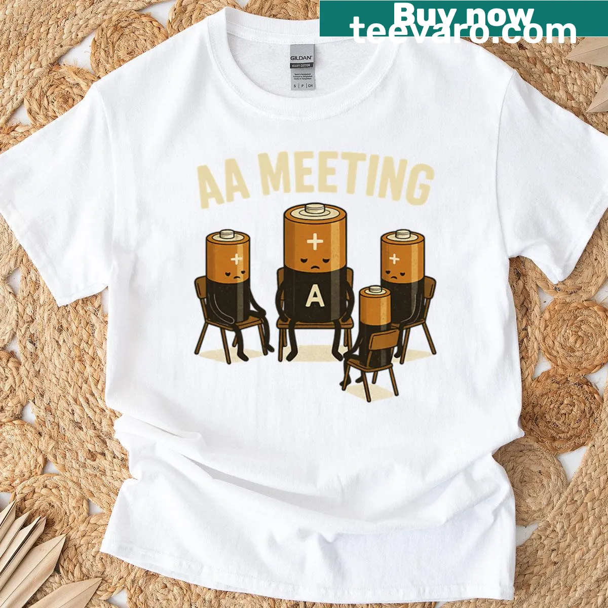 Supportive T-shirt for AA meetings with battery recharge theme — on a men's t-shirt