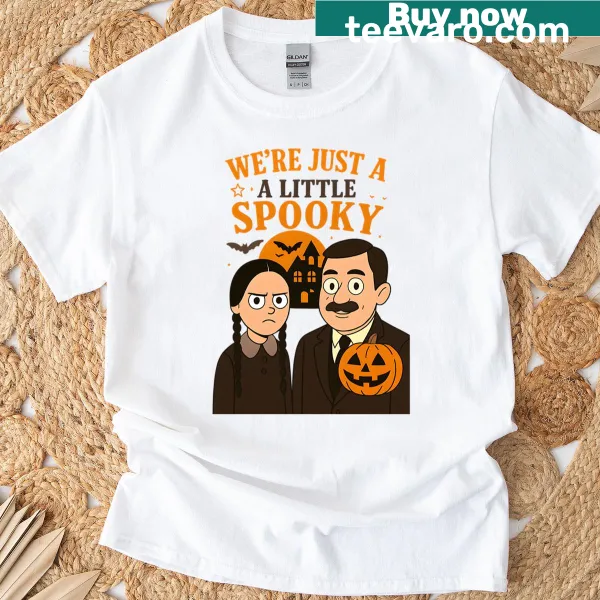 T-shirt featuring Wednesday and Gomez from the Addams Family with a spooky theme.