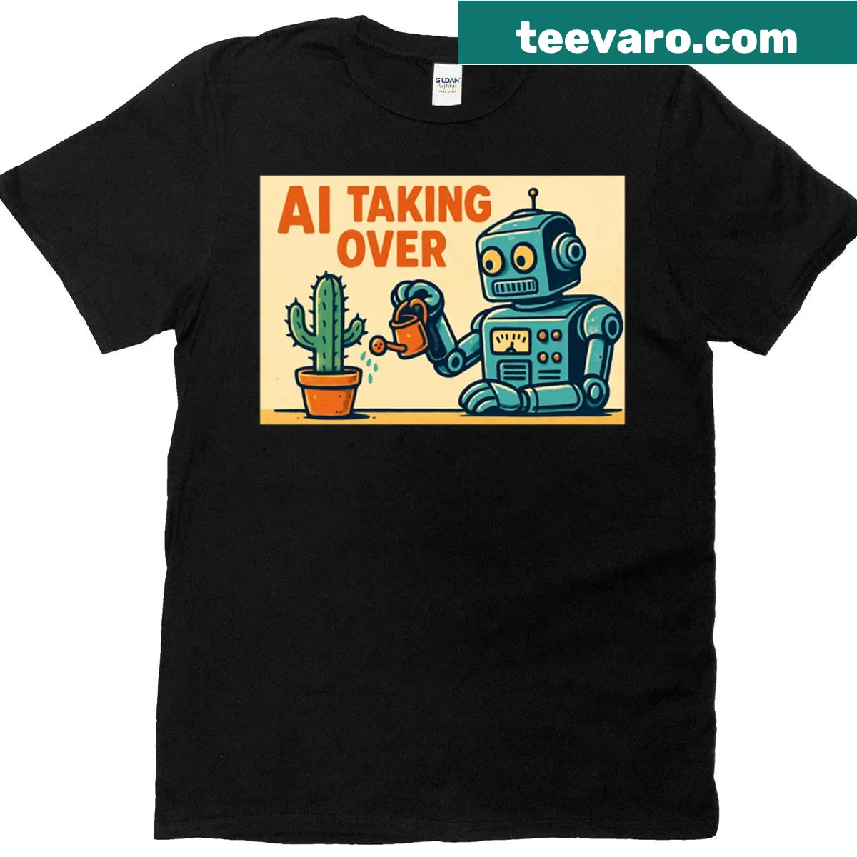 Humorous t-shirt with a robot design about AI taking over chores — on a men's t-shirt