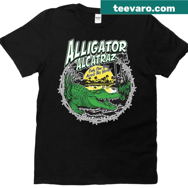 T-shirt featuring a whimsical illustration of an alligator in prison