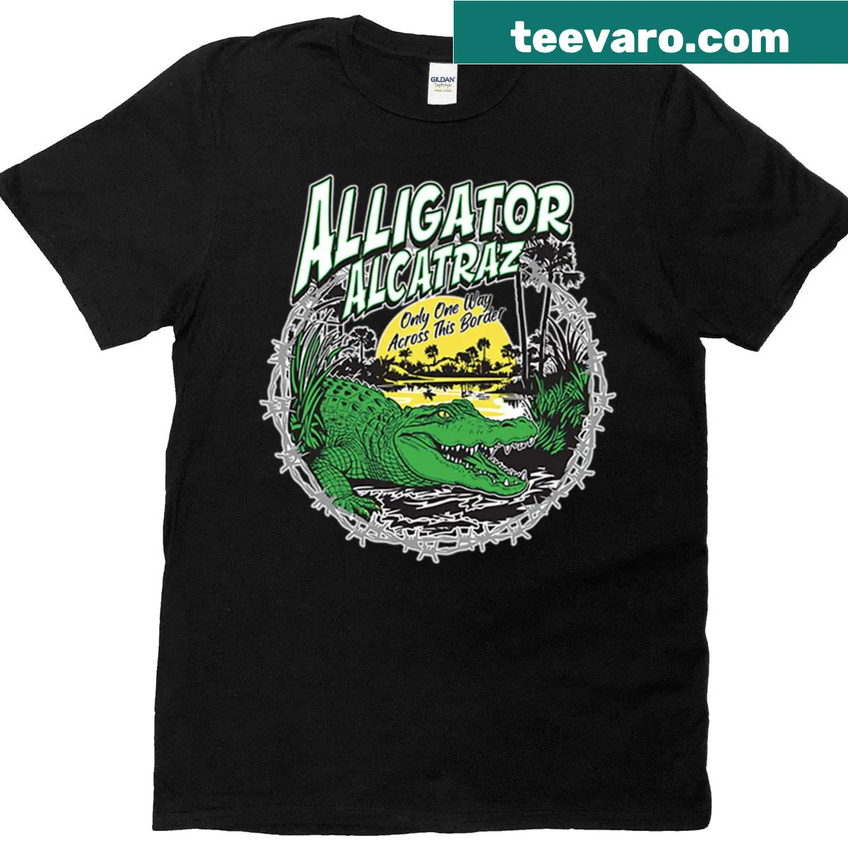 T-shirt featuring a whimsical illustration of an alligator in prison — on a men's t-shirt