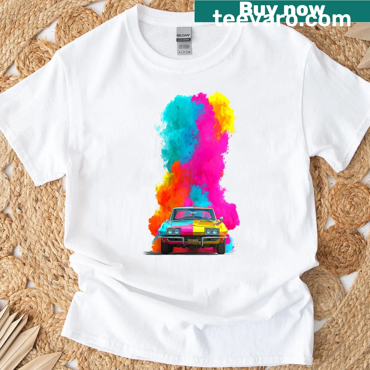 Pop art style t-shirt celebrating the American muscle car, C2 Corvette. — on a men's t-shirt