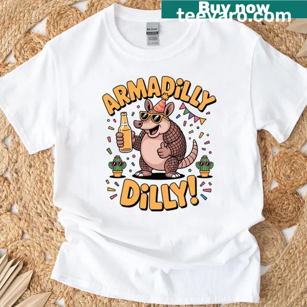 Cartoon armadillo holding a drink with a pun on a funny t-shirt