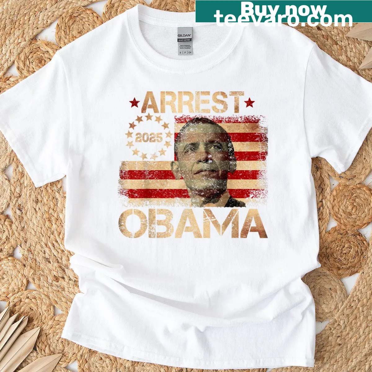 Vintage style T-shirt with the text 'Arrest Obama 2025' in bold typography — on a men's t-shirt