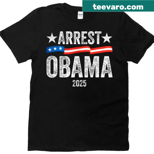 Vintage-style T-shirt with 'Arrest Obama 2025' and USA flag design