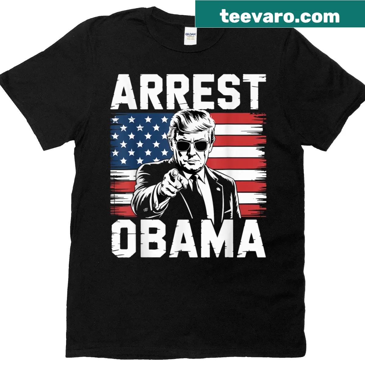 Funny T-shirt with 'Arrest Obama 2025' text and USA flag graphic — on a men's t-shirt