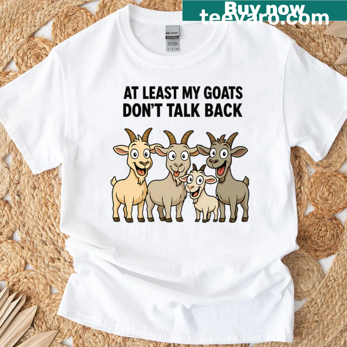 Funny goat-themed t-shirt with humorous text — on a men's t-shirt