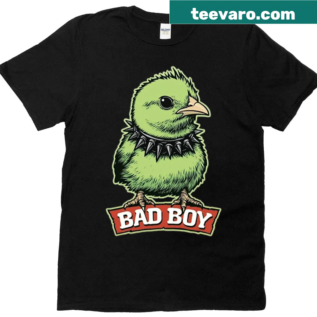 Cute green bird with a spiked collar illustrated on a t-shirt. — on a men's t-shirt