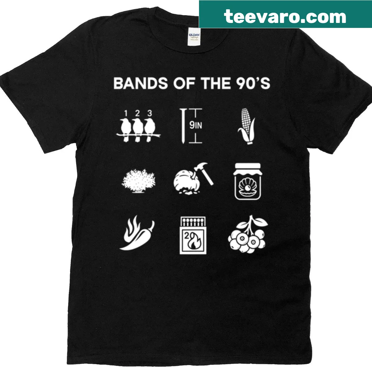 Funny oversized t-shirt featuring 90s rock music icons — on a men's t-shirt