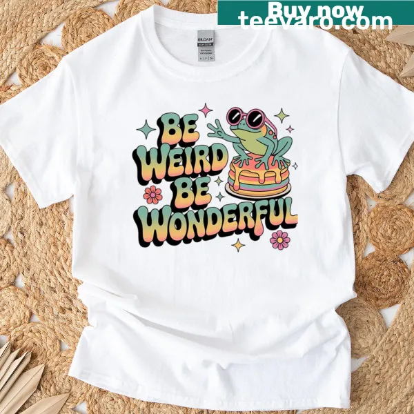 Retro t-shirt with frog and pancakes, promoting positivity