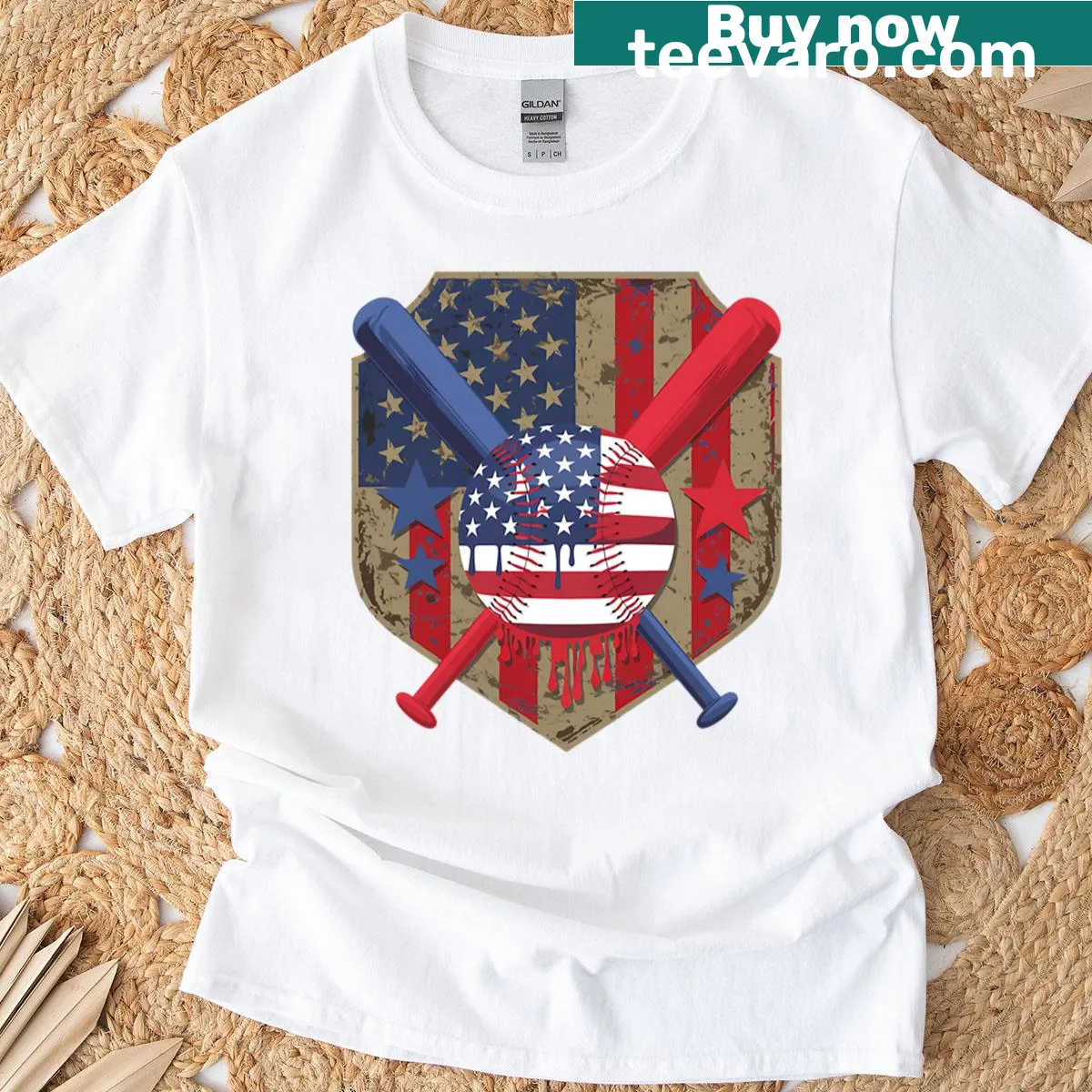 Beer-themed T-shirt with American flag for Fourth of July celebrations — on a men's t-shirt