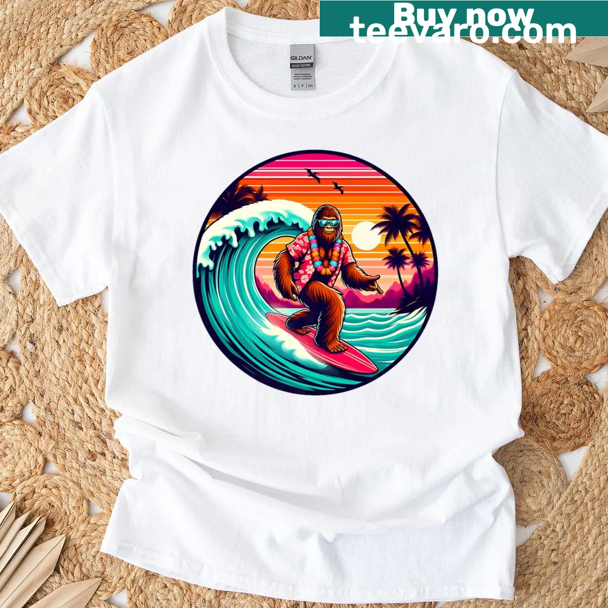 Retro design of Bigfoot surfing on a wave with tropical elements — on a men's t-shirt
