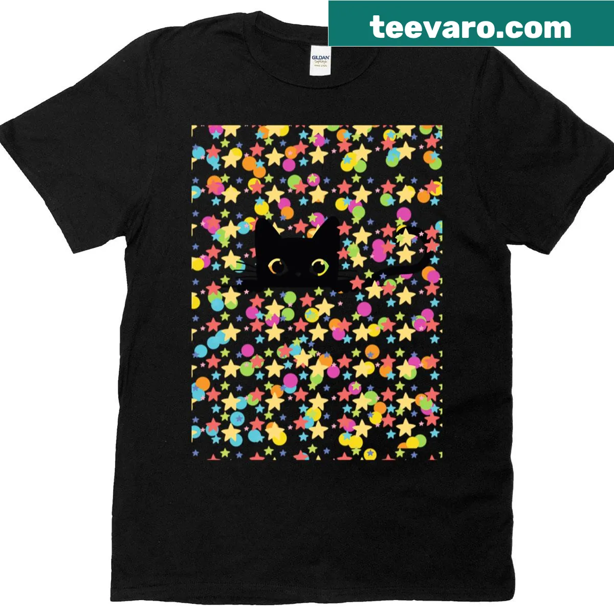 Whimsical black cat surrounded by colorful stars T-shirt — on a men's t-shirt
