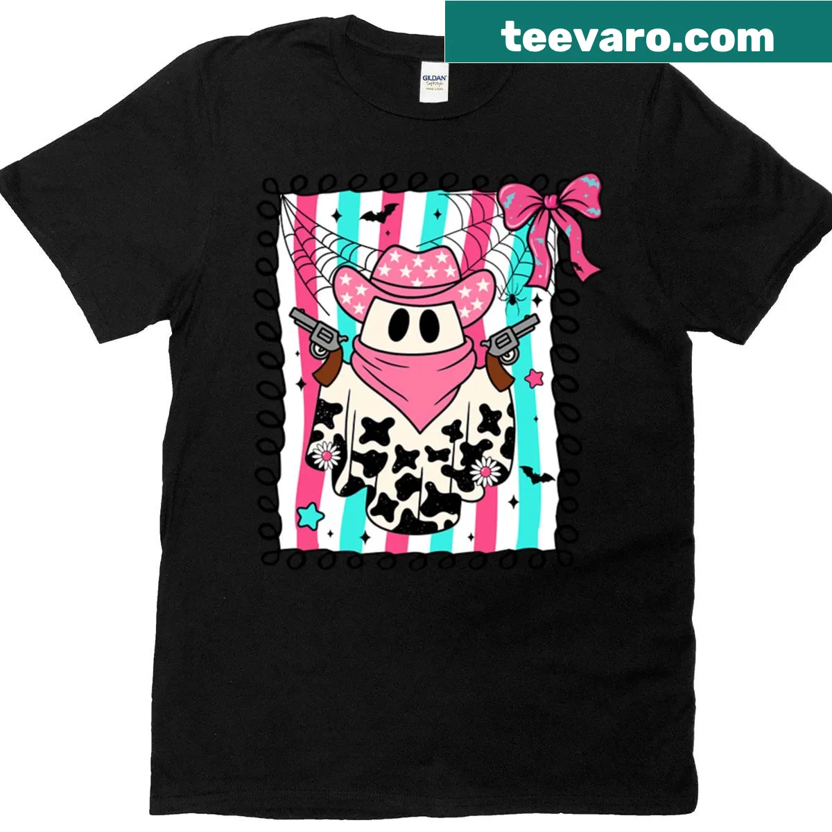 Cartoon pink cowboy ghost on a Halloween T-shirt — on a men's t-shirt