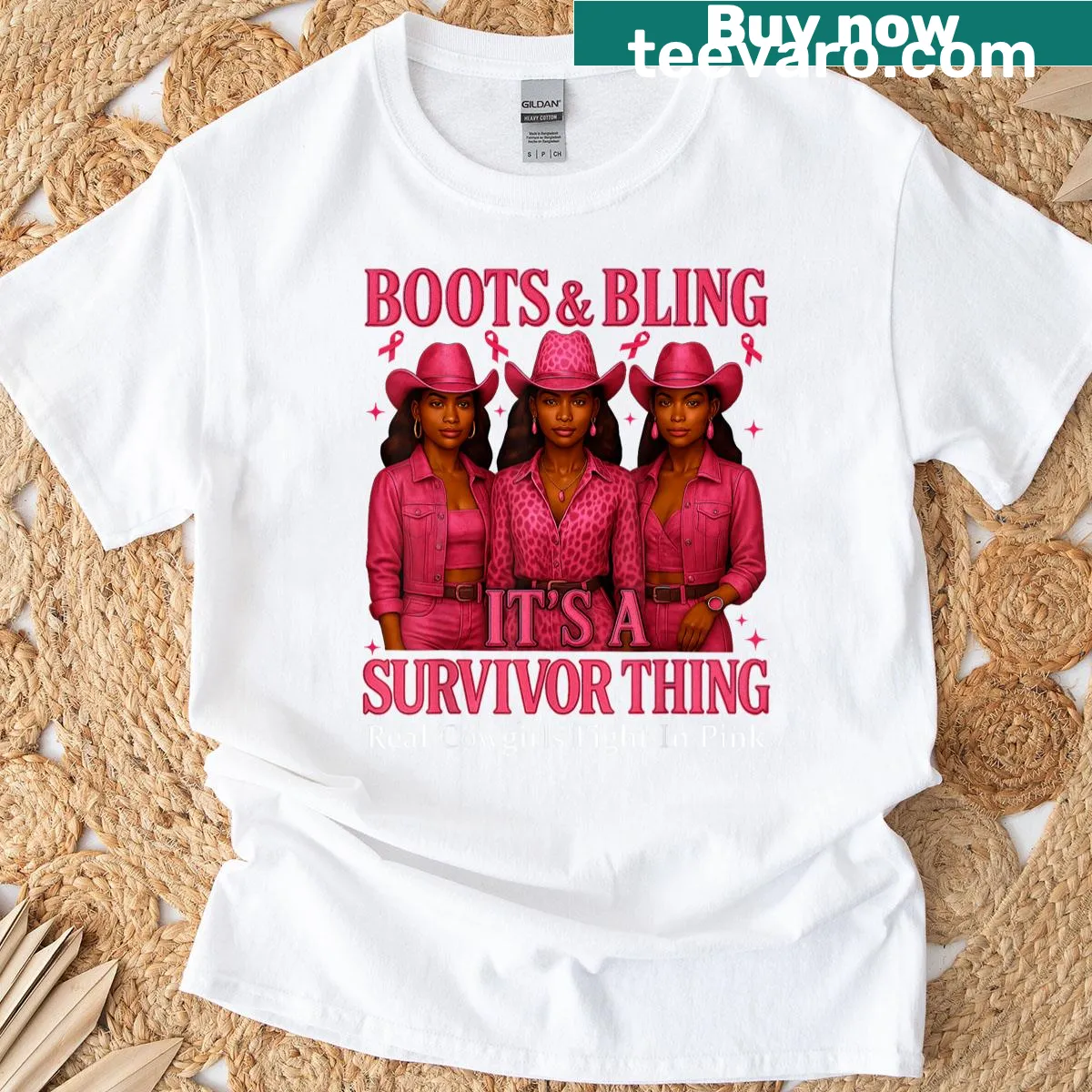 Cowgirl wearing pink boots design honoring breast cancer survivors — on a men's t-shirt