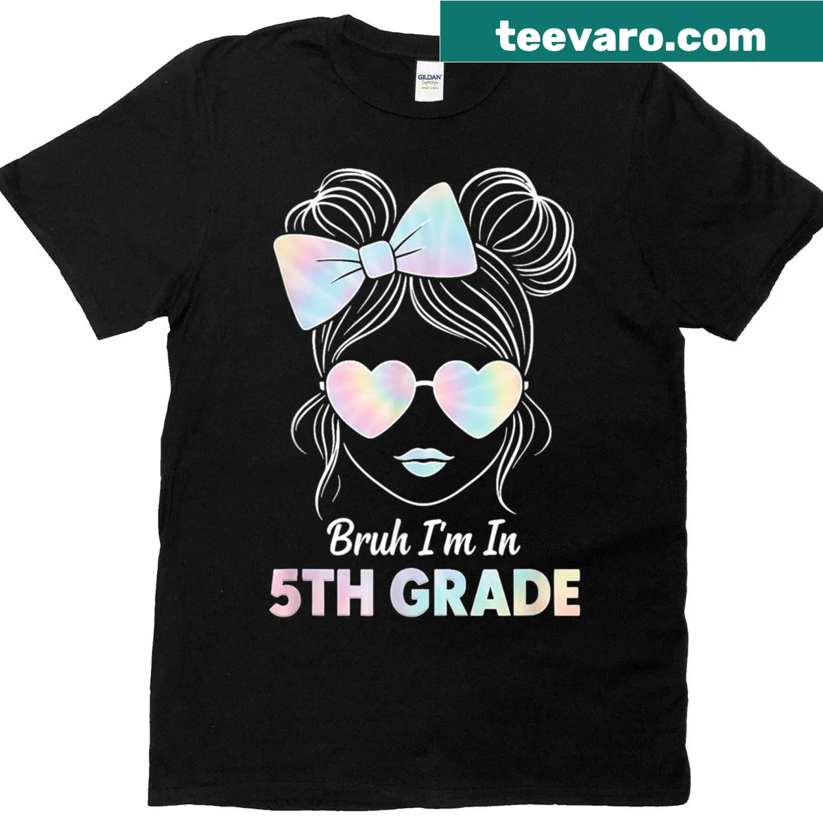 Funny 5th Grade T-shirt with messy bun and playful text — on a men's t-shirt
