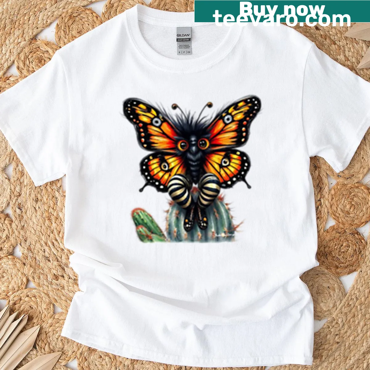 Illustration of a butterfly on a cactus design — on a men's t-shirt
