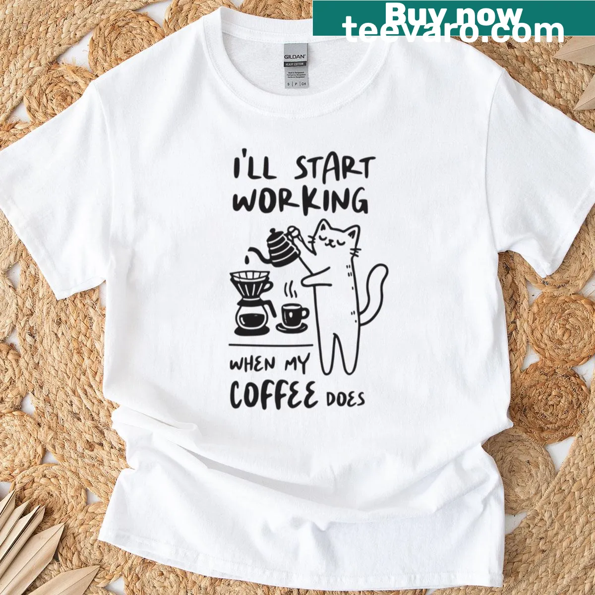 Cartoon cat barista surrounded by coffee equipment — on a men's t-shirt