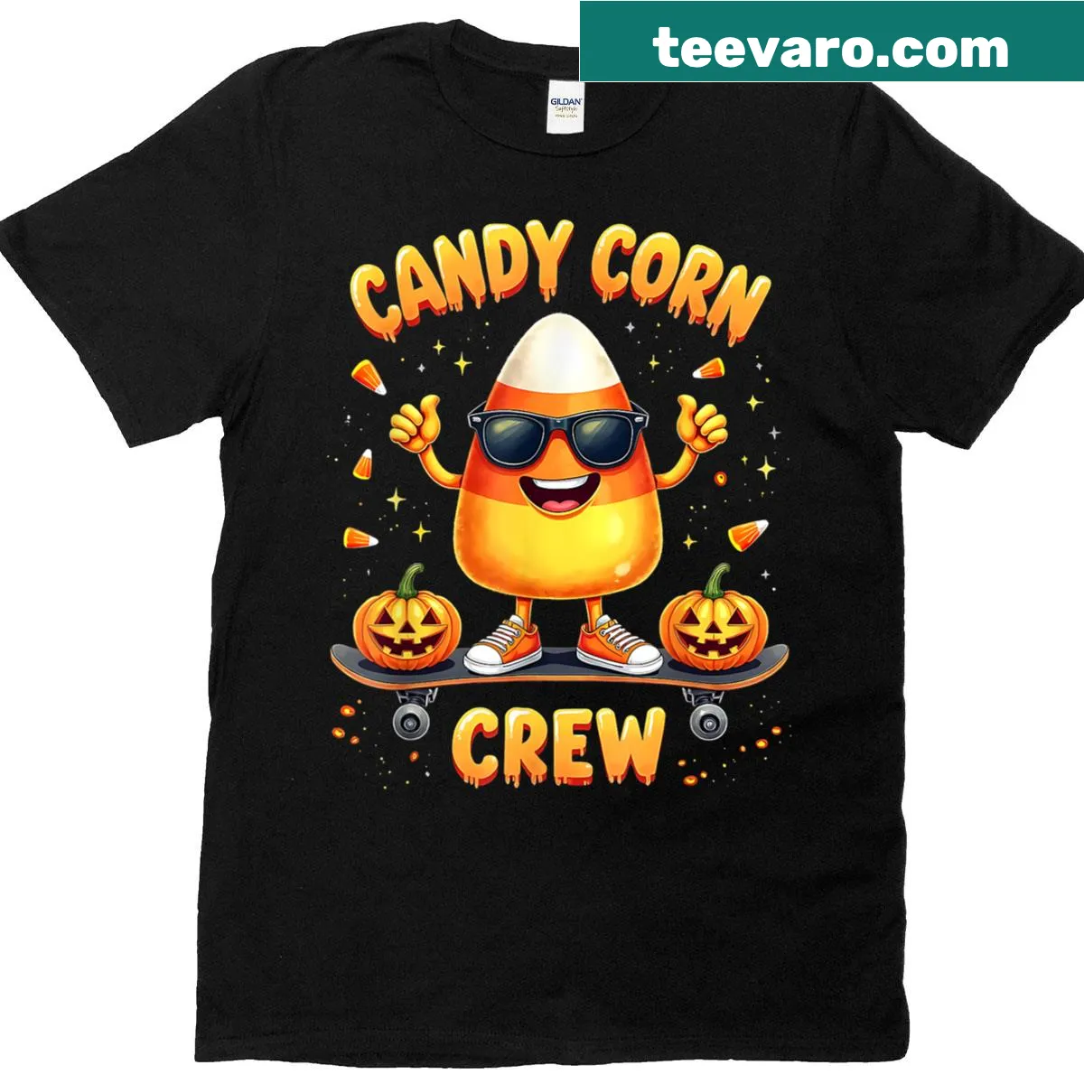 Retro candy corn graphic T-shirt for Halloween — on a men's t-shirt